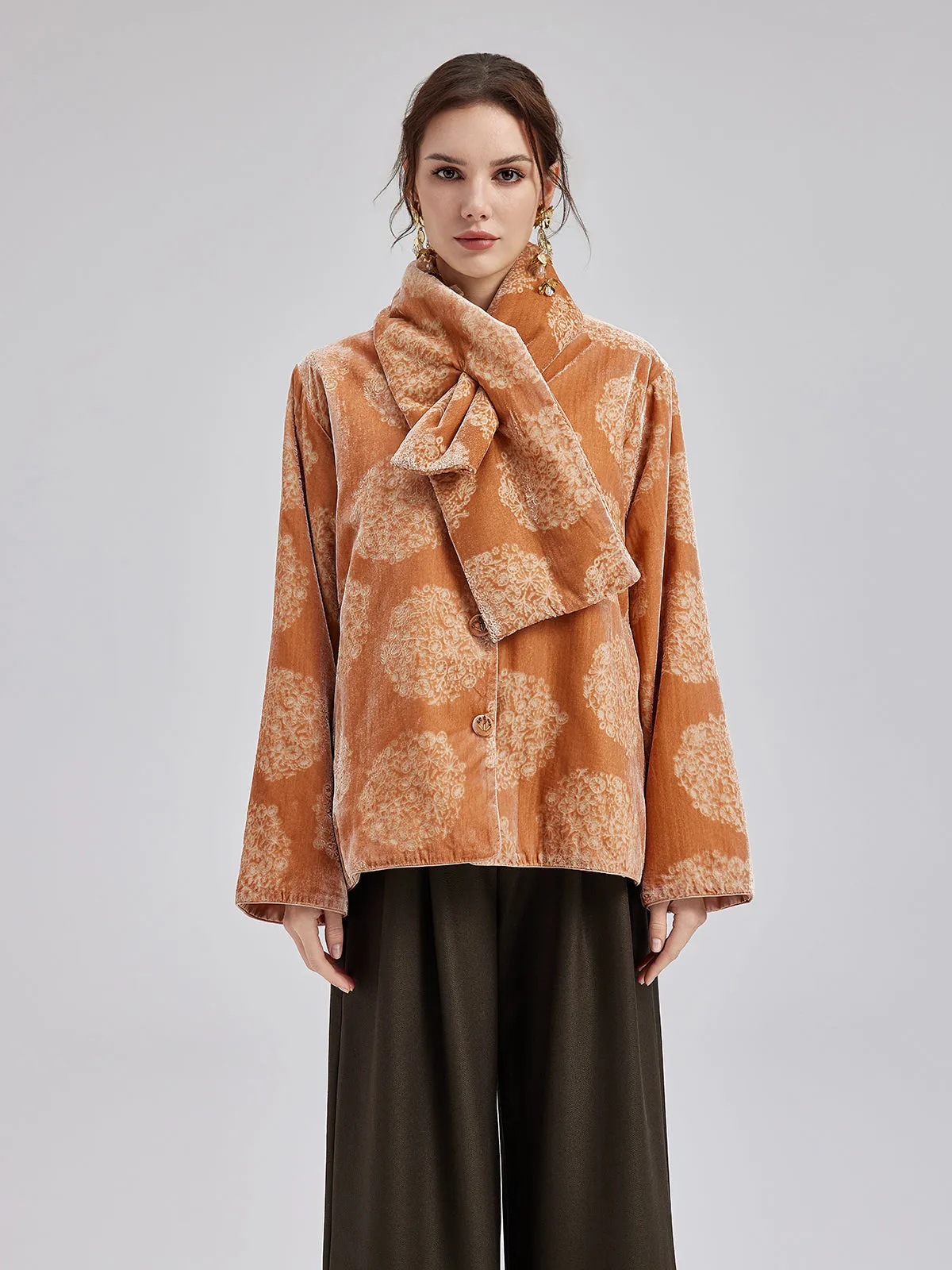 Silk Velvet Jacquard Coat（Includes Scarf）