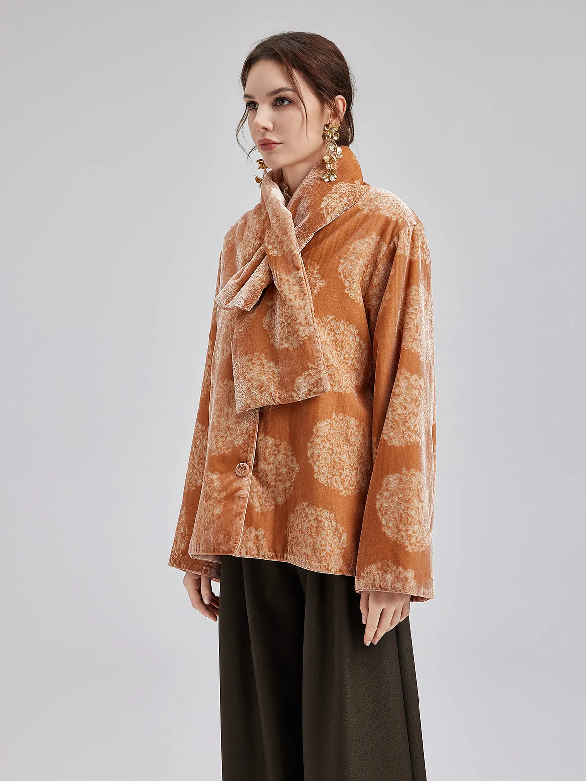 Silk Velvet Jacquard Coat（Includes Scarf）