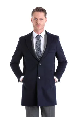 Slim Fit Cachet Notch Lapel Navy Wool Blend Overcoat