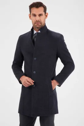 Slim Fit Cachet Notch Lapel Wool Blend Navy Overcoat, Navy