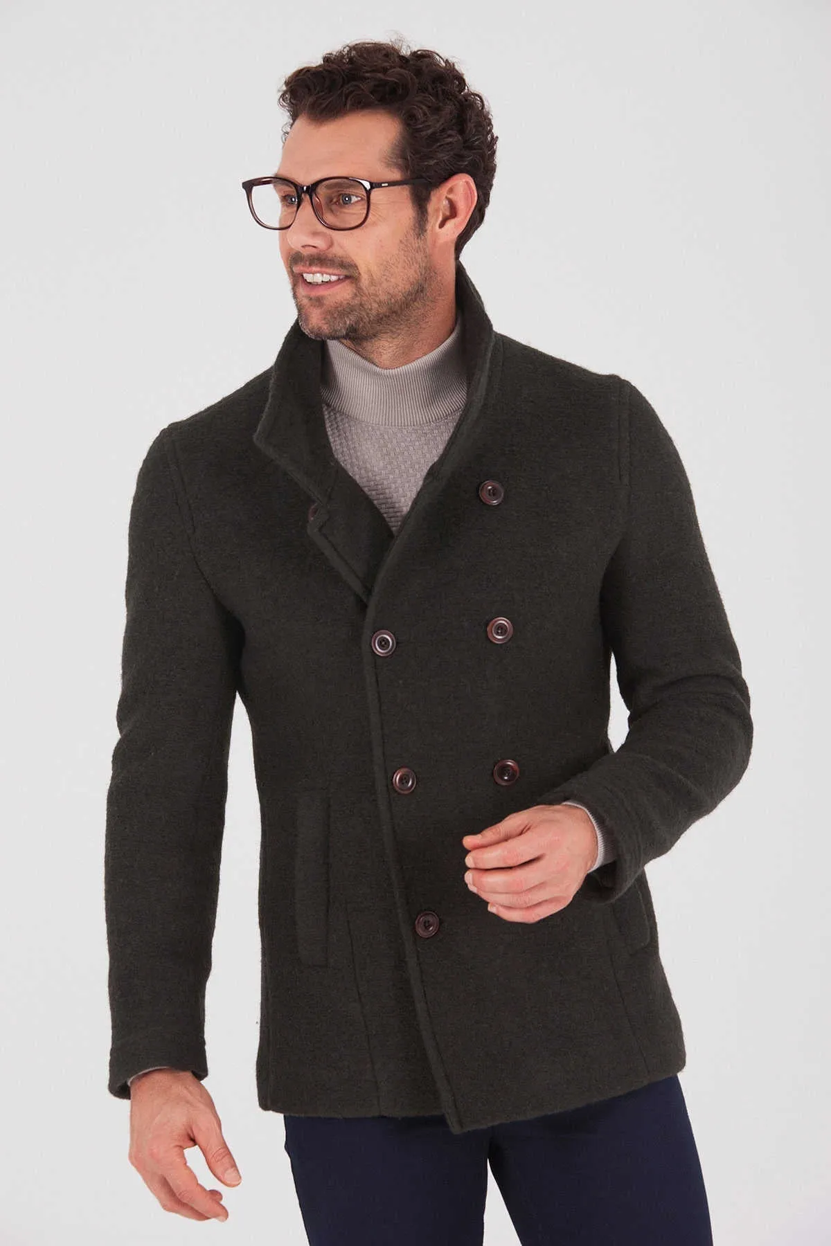 Slim Fit Notch Lapel Alpine Wool Gray Overcoat, Khaki 1