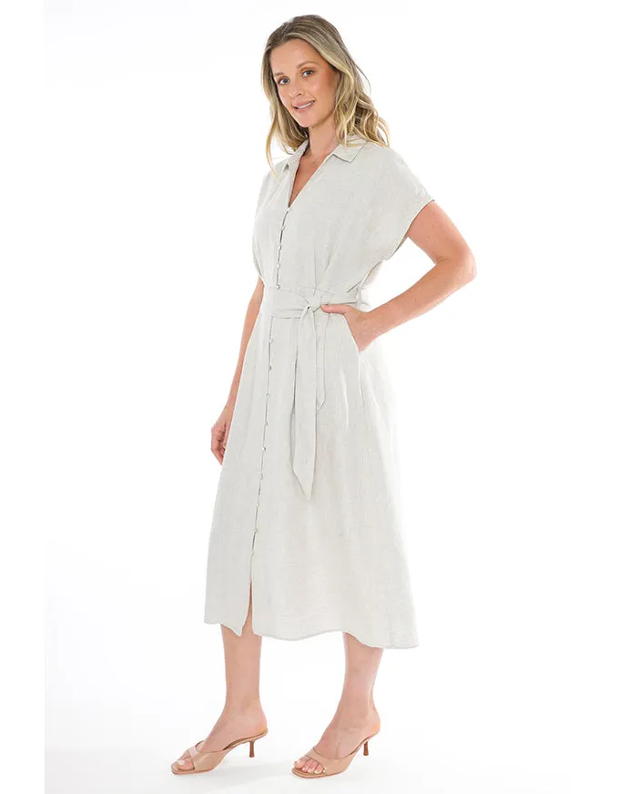 S/S Belted Linen Dress Natural Flax