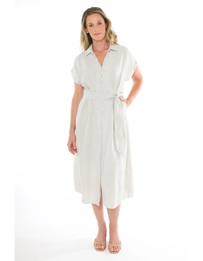 S/S Belted Linen Dress Natural Flax