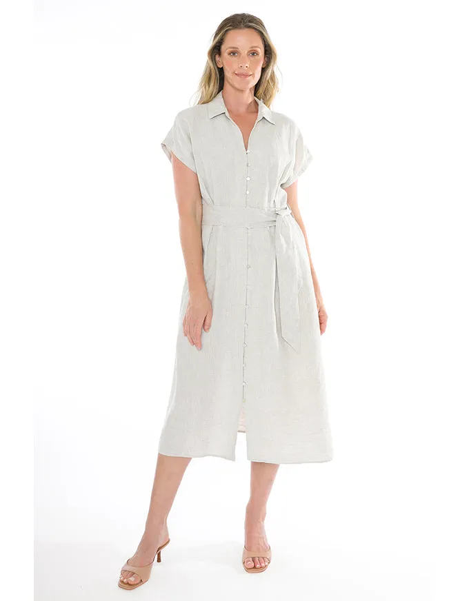 S/S Belted Linen Dress Natural Flax