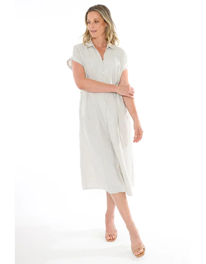 S/S Belted Linen Dress Natural Flax