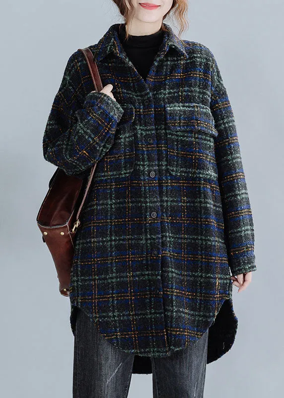 Stylish Green Peter Pan Collar Plaid Woolen Winter Coat