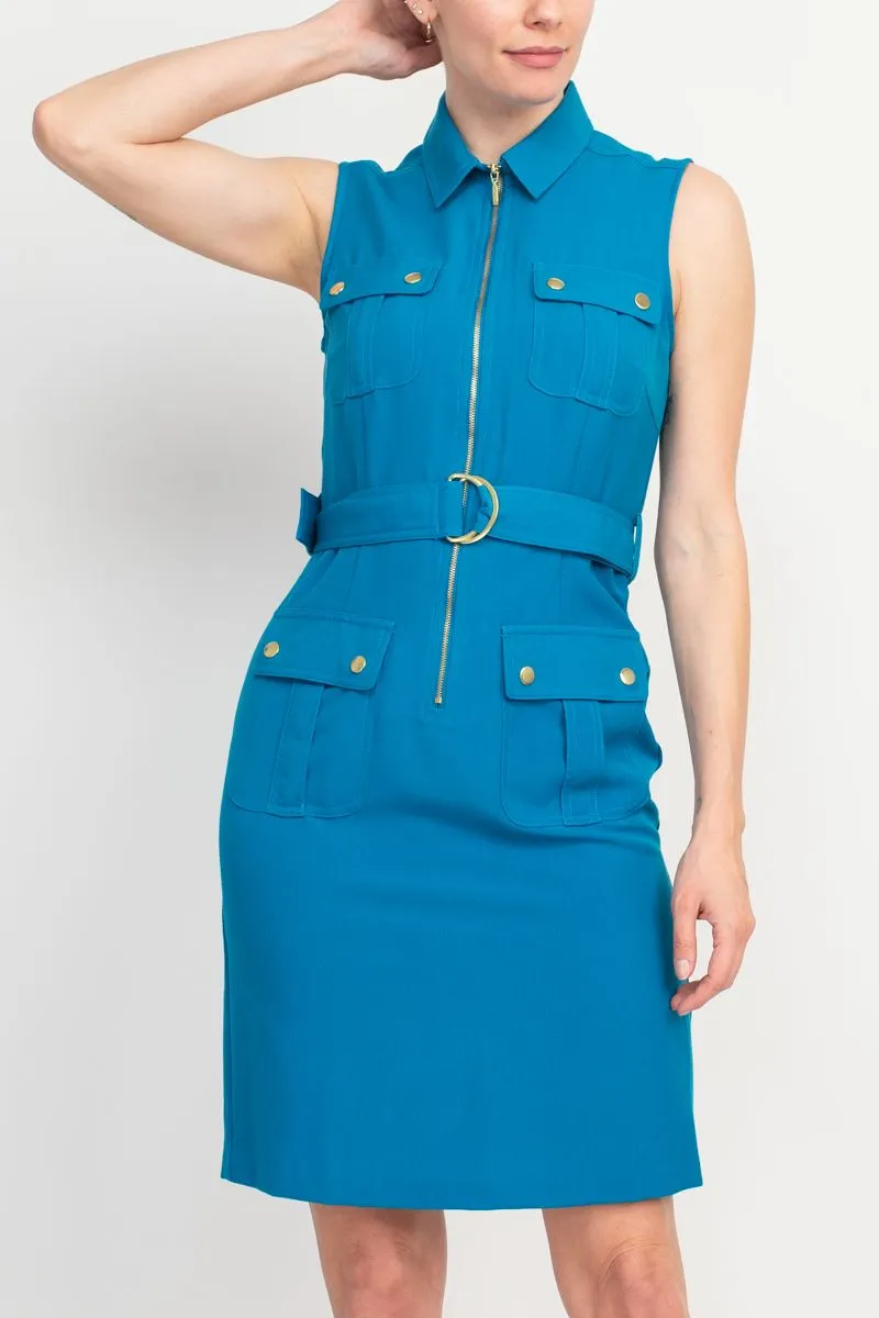 Stylish Sharagano Belted Zip Front Dress with Pockets