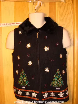 Tacky Ugly Christmas Sweater Vest with Festive Trees & Snowflakes & Faux Fur Collar   (f60)