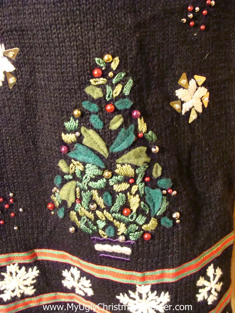 Tacky Ugly Christmas Sweater Vest with Festive Trees & Snowflakes & Faux Fur Collar   (f60)