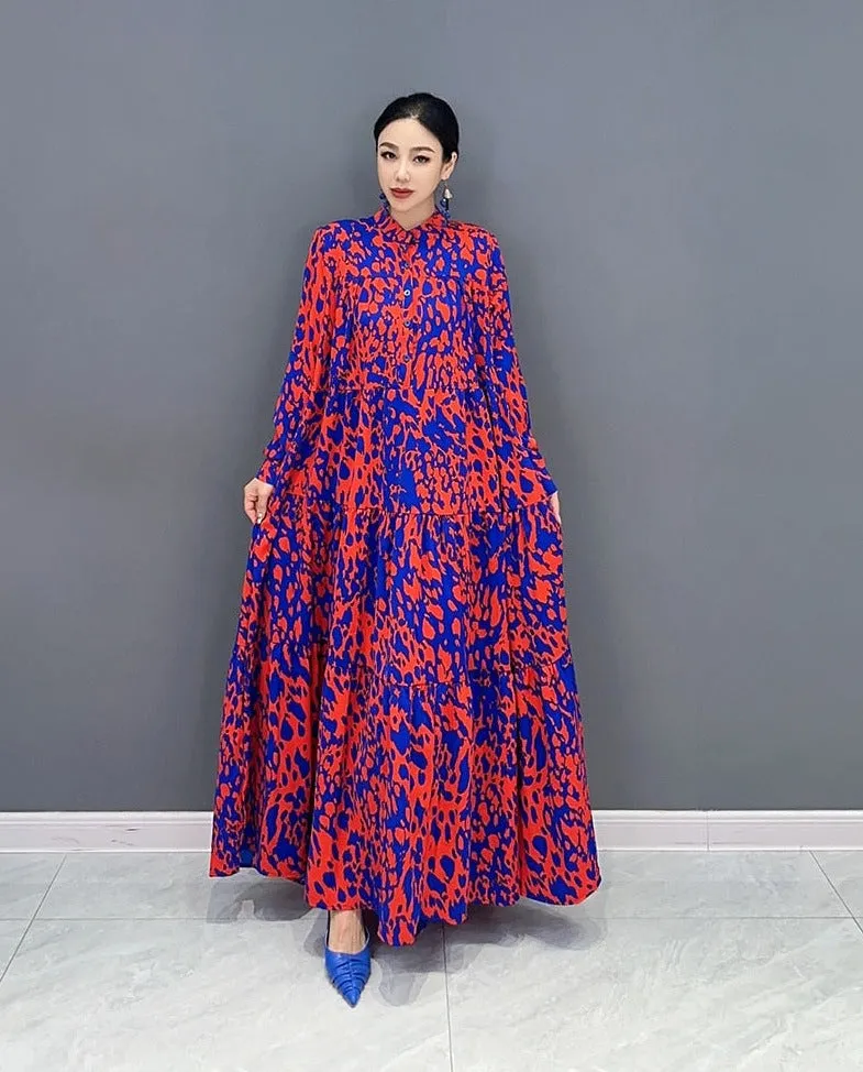 Trendy Luxe Red and Blue Comfortable Long Dress