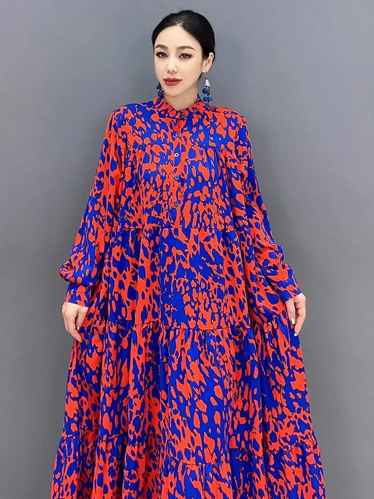 Trendy Luxe Red and Blue Comfortable Long Dress