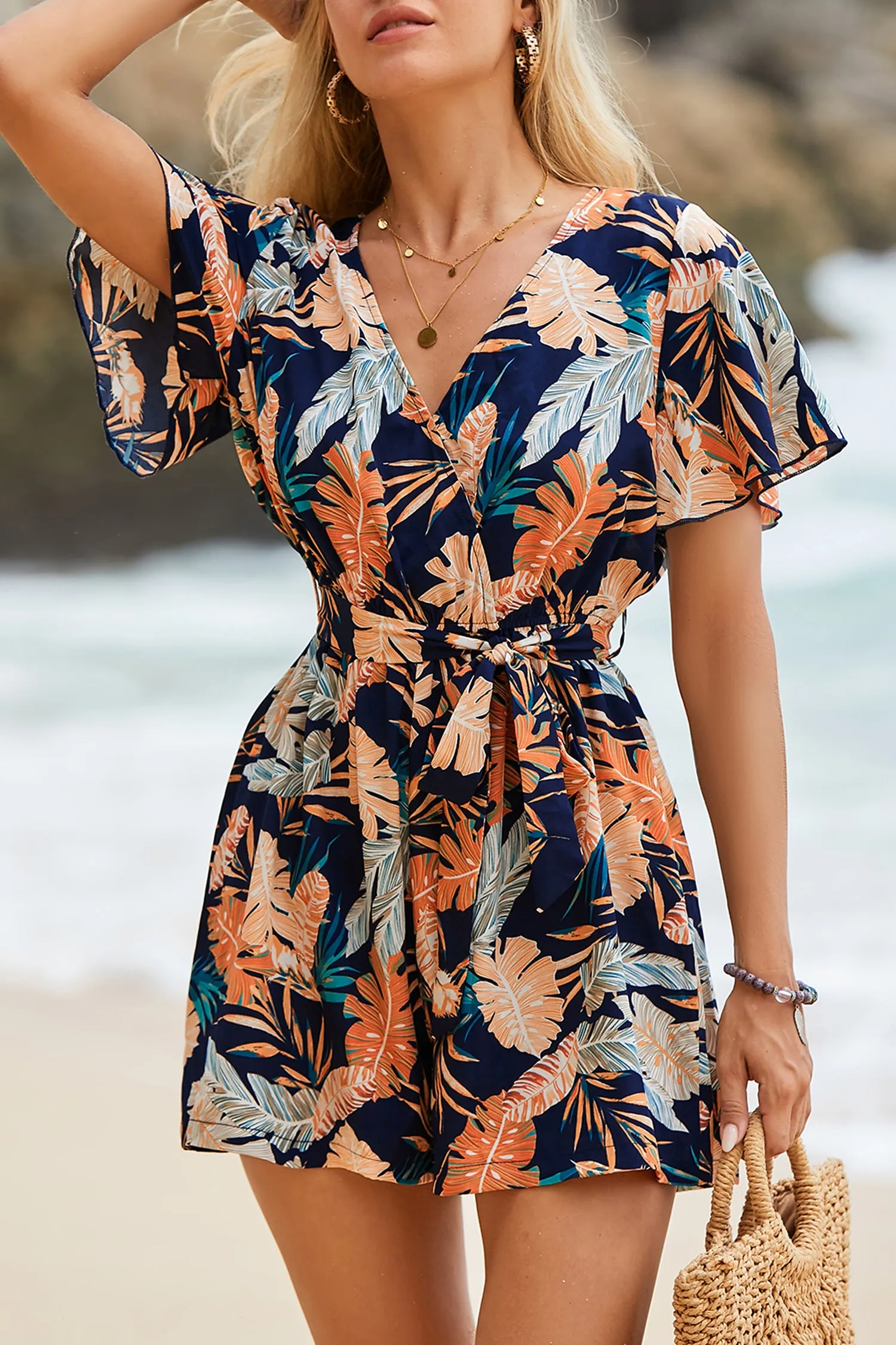 Tropical Leaf Print Belted Romper