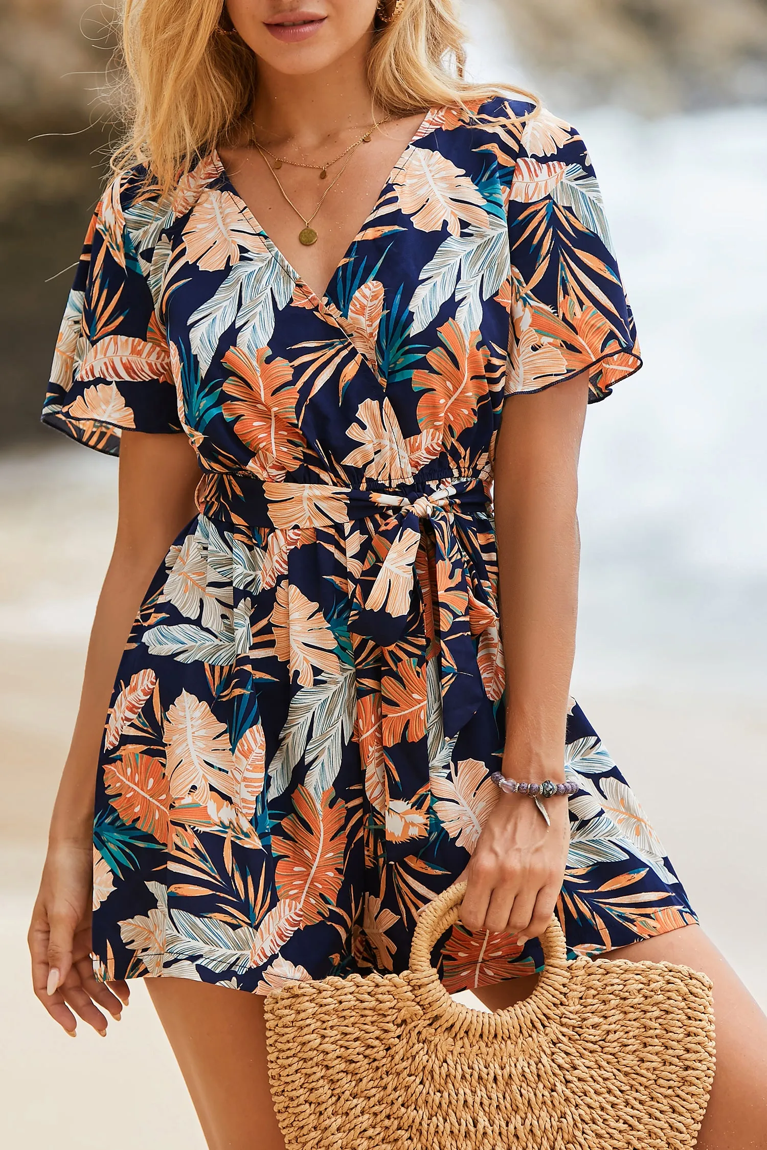 Tropical Leaf Print Belted Romper