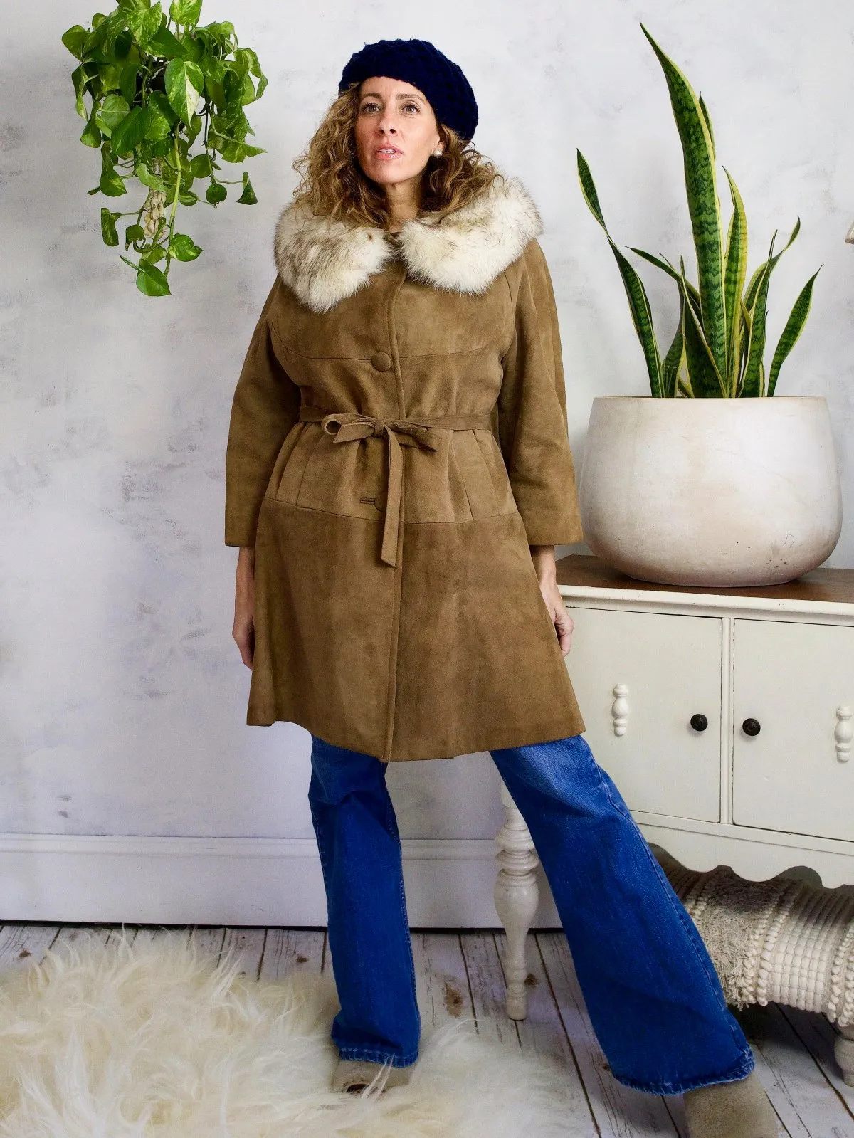 Vintage Coffee Suede Fox Fur Collar Coat