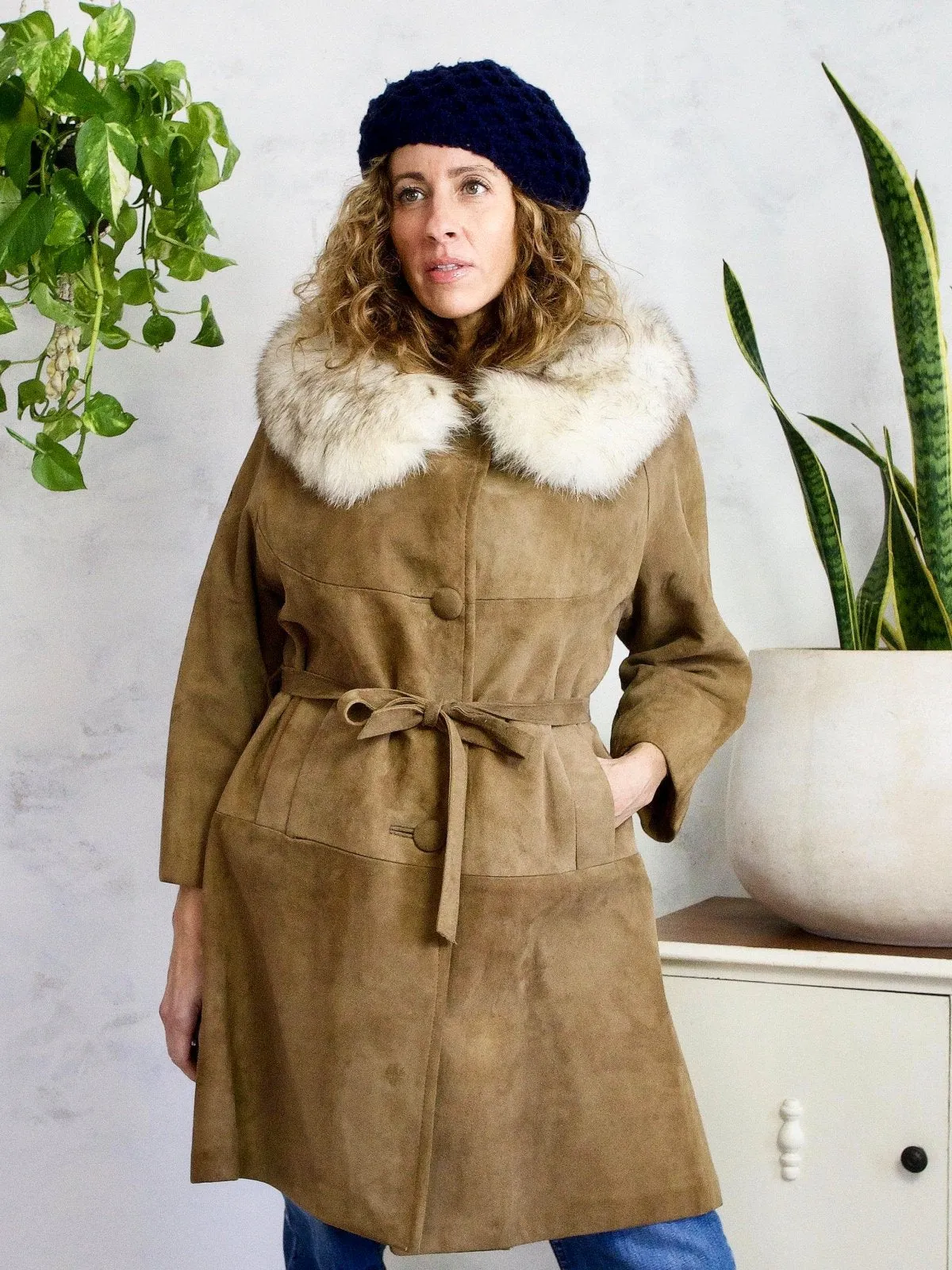 Vintage Coffee Suede Fox Fur Collar Coat