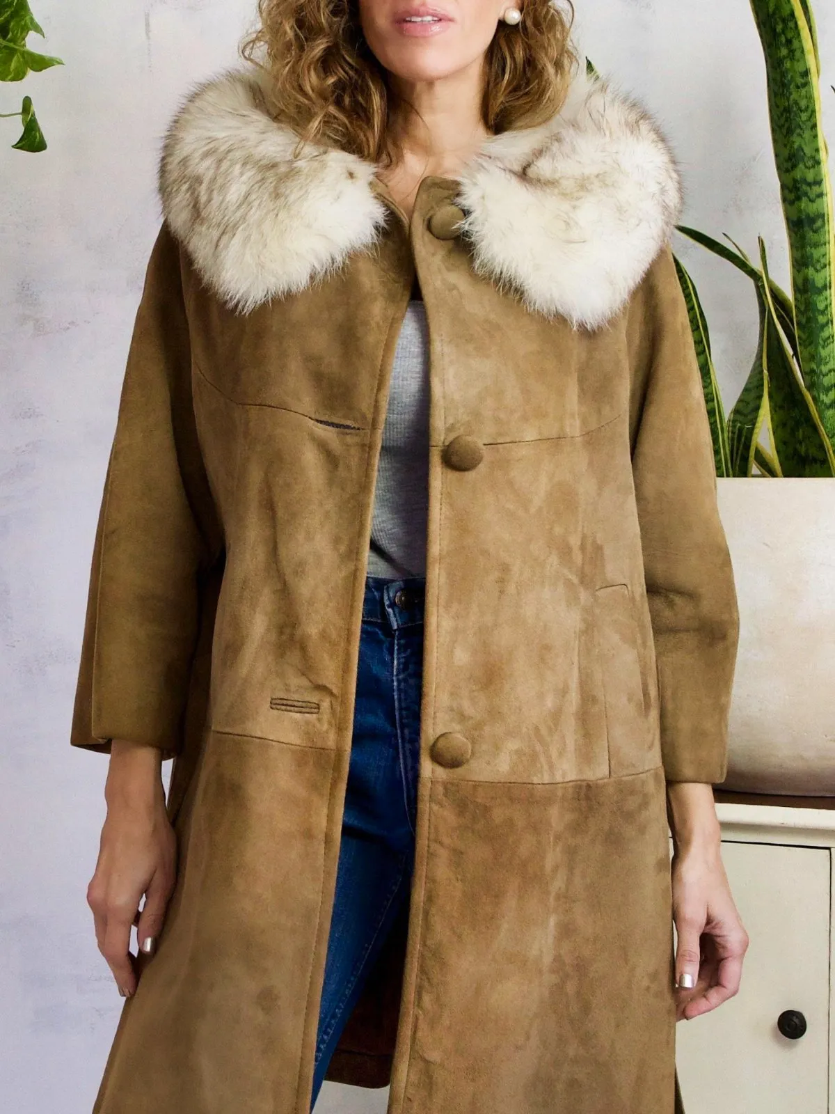 Vintage Coffee Suede Fox Fur Collar Coat