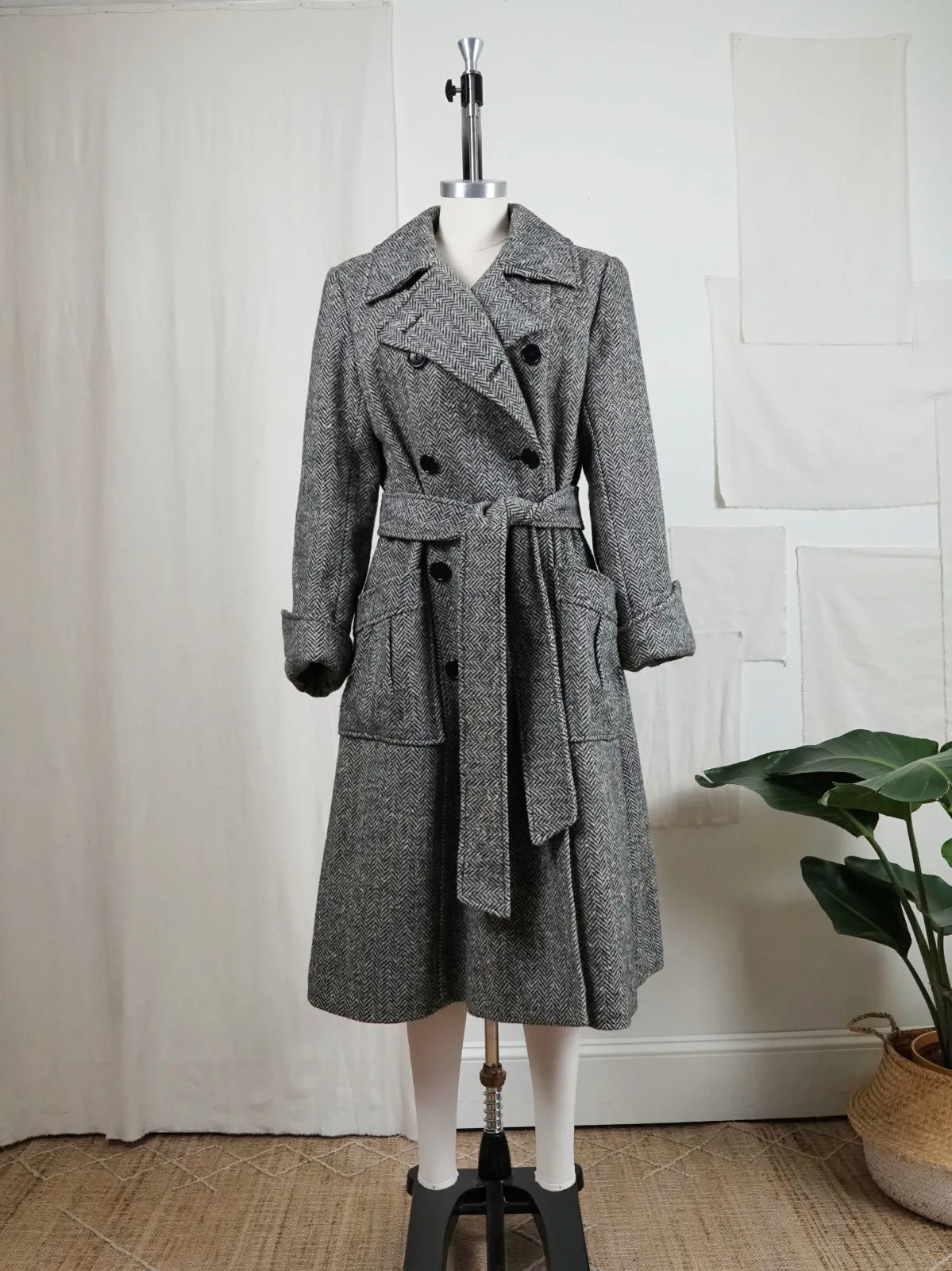 Vintage Herringbone Wool Belted Coat