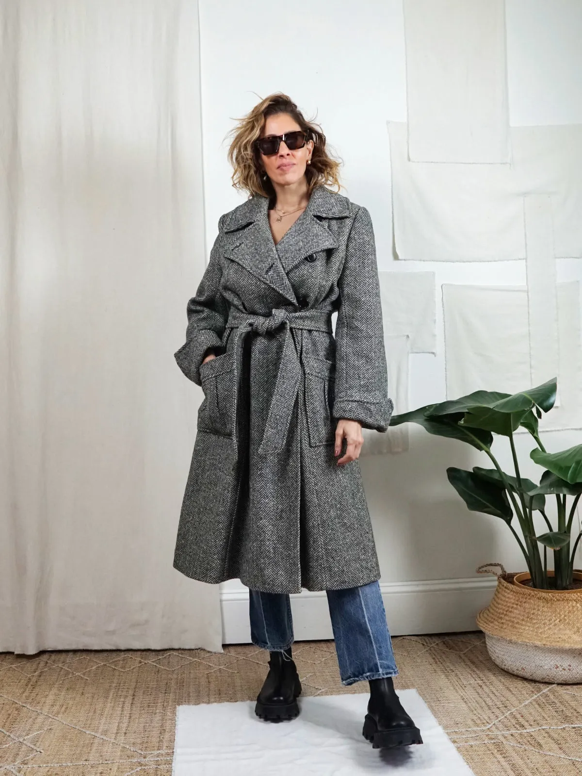 Vintage Herringbone Wool Belted Coat