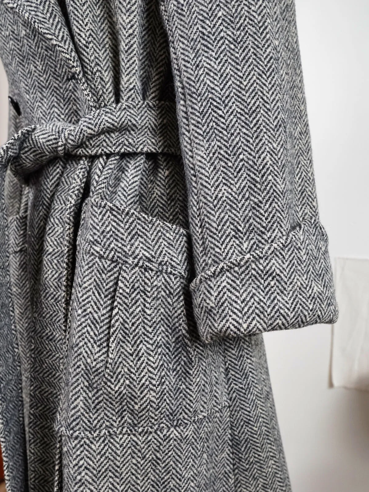 Vintage Herringbone Wool Belted Coat