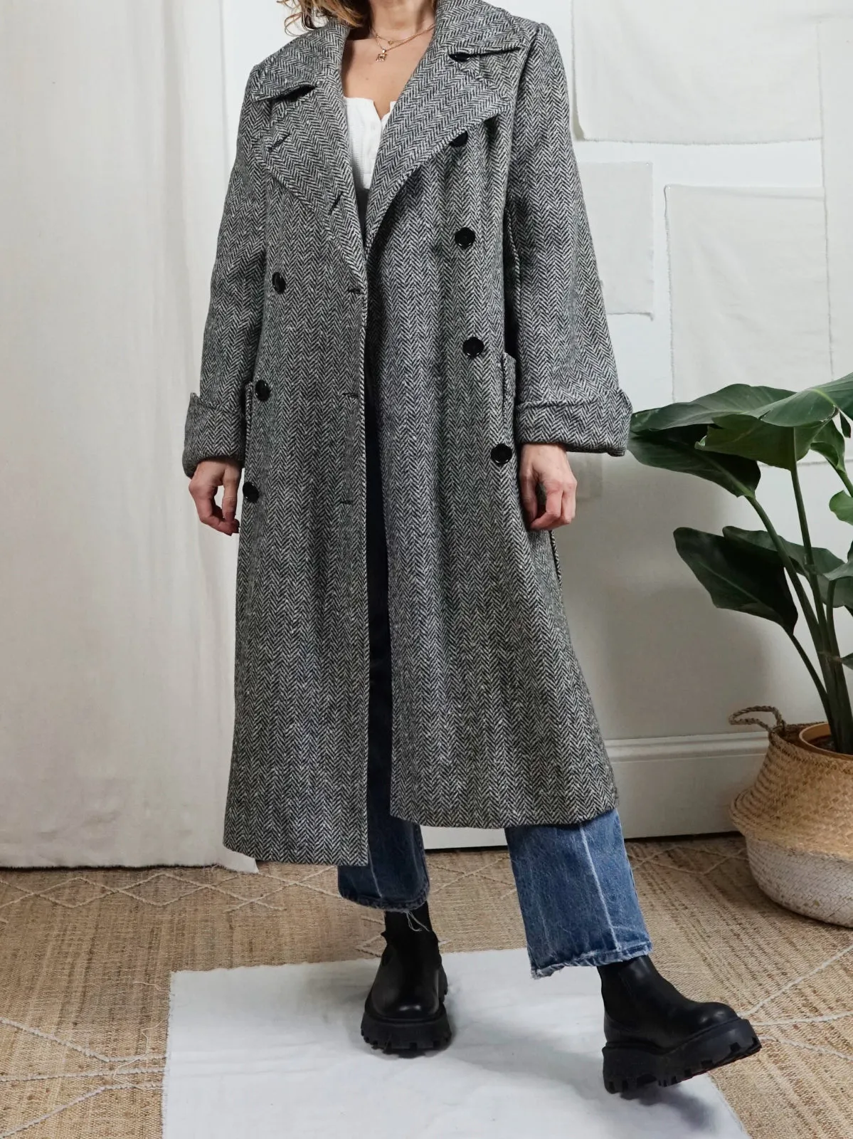 Vintage Herringbone Wool Belted Coat