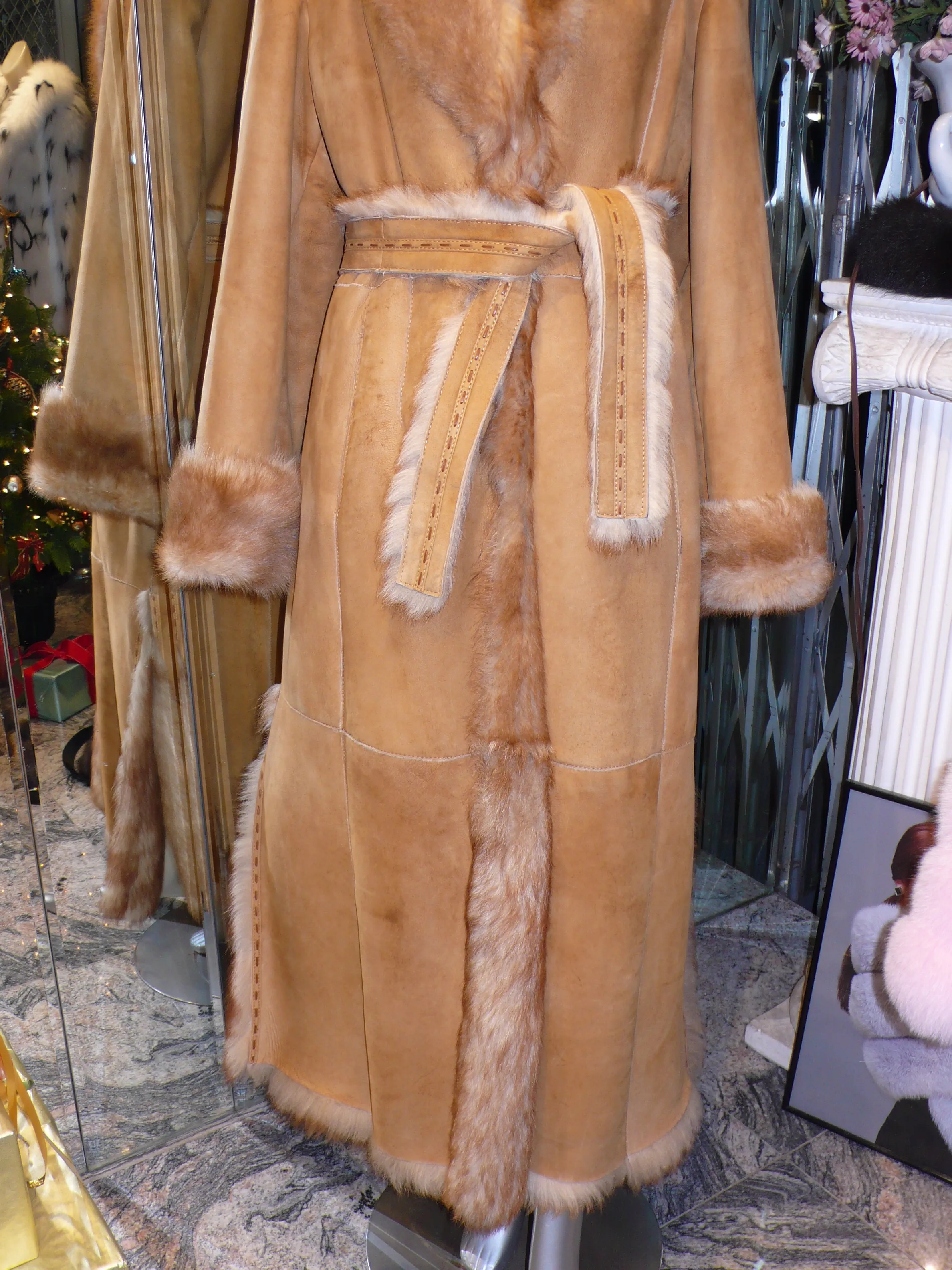 Warm Genuine Shearling Fur Coat Rust Tan ITALY--Shasa Designer