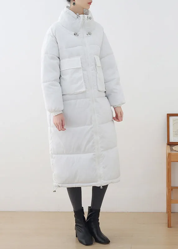 White Stand Collar Drawstring Thick Long Parka Winter