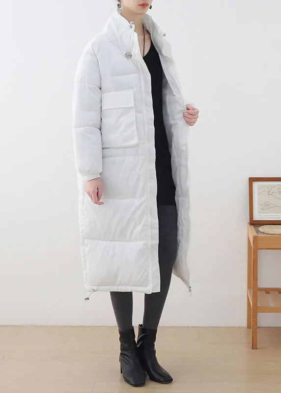 White Stand Collar Drawstring Thick Long Parka Winter