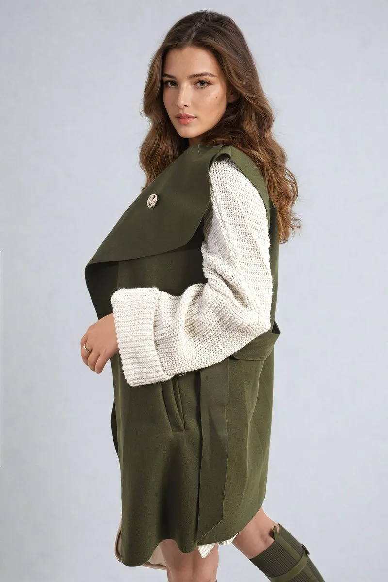 Wide Lapel Sleeveless Belted Jacket