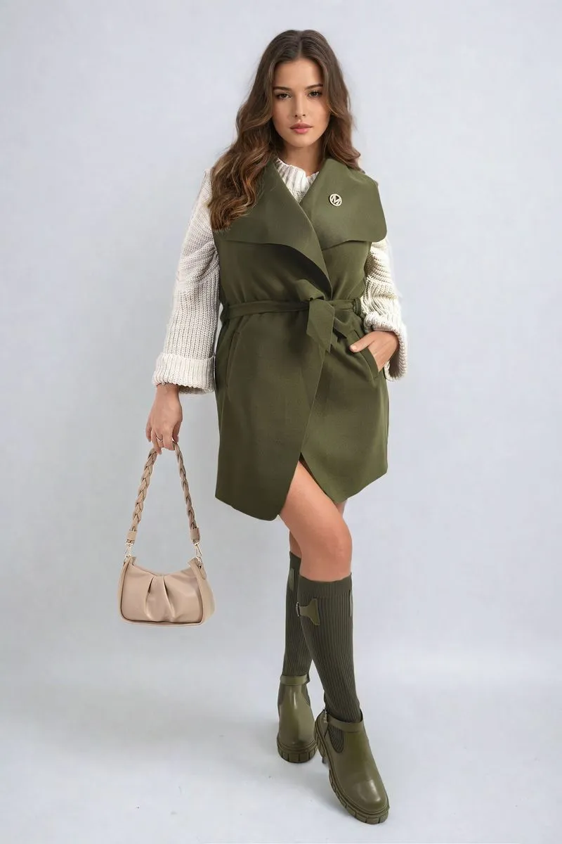 Wide Lapel Sleeveless Belted Jacket