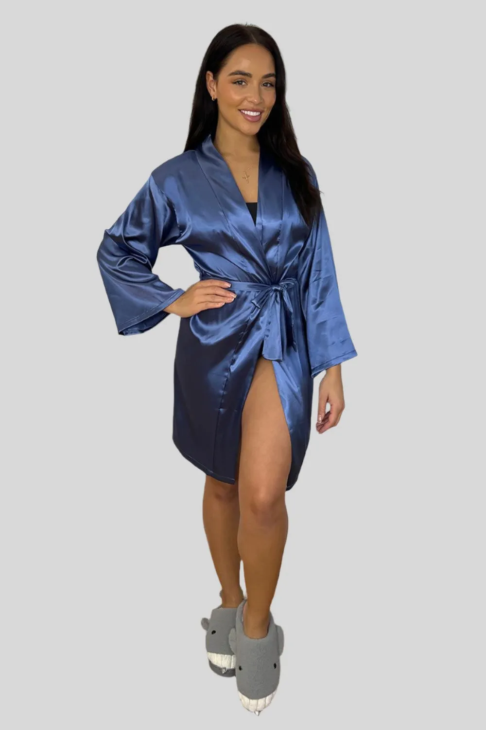 Wide Sleeves Belted Satin House Gown