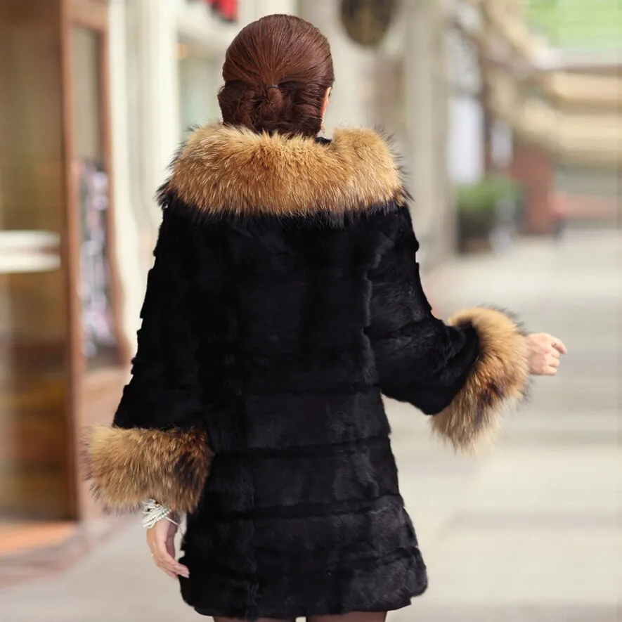 Woman's  Real Rabbit Fur Coat Raccoon Fur Collar & Cuff Hood Overcoat   010129L