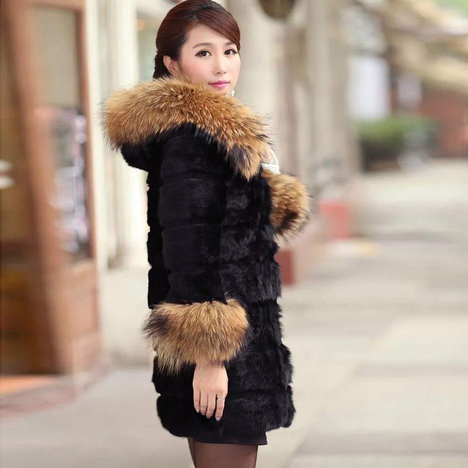 Woman's  Real Rabbit Fur Coat Raccoon Fur Collar & Cuff Hood Overcoat   010129L