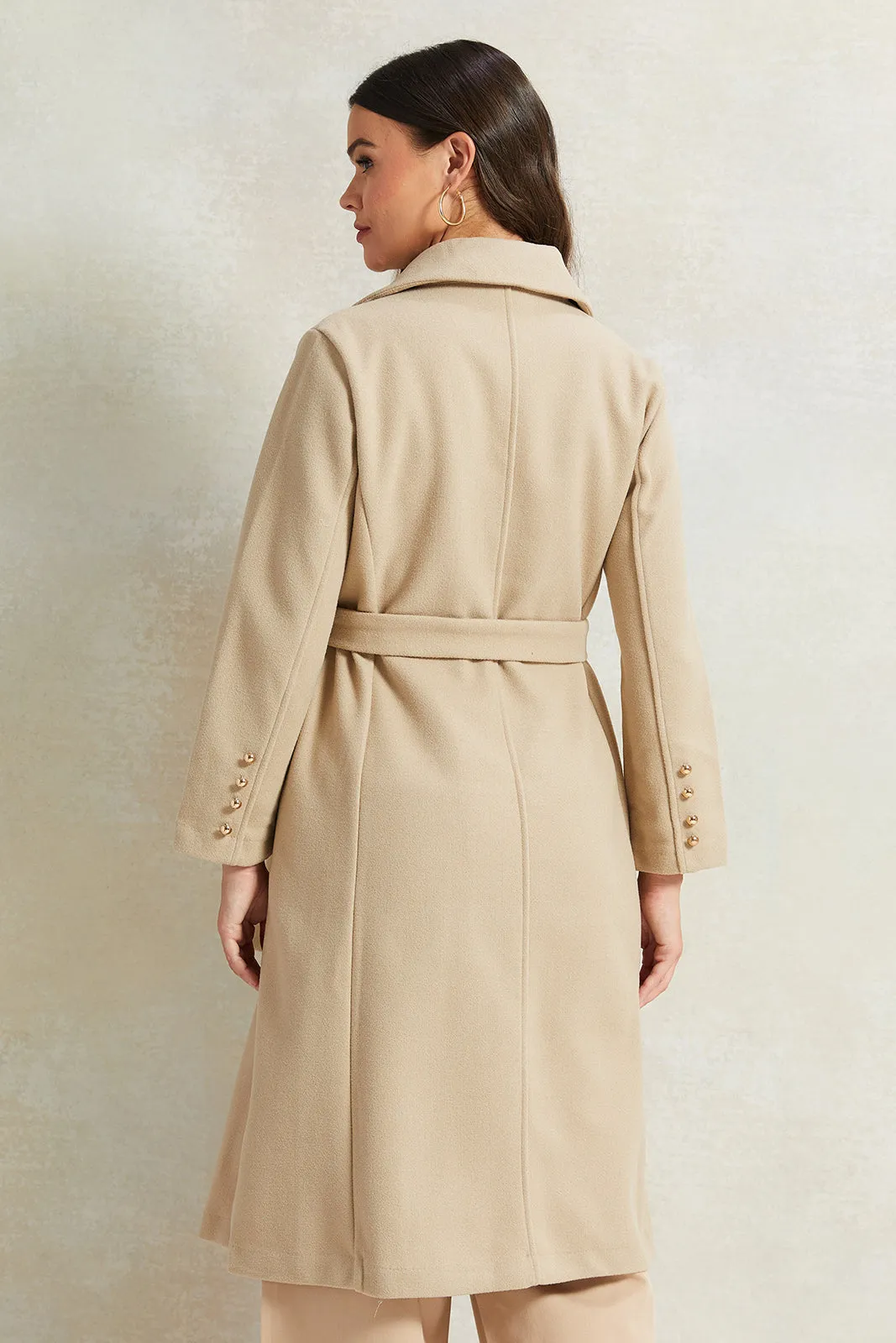 Women Beige Long Melton Jacket