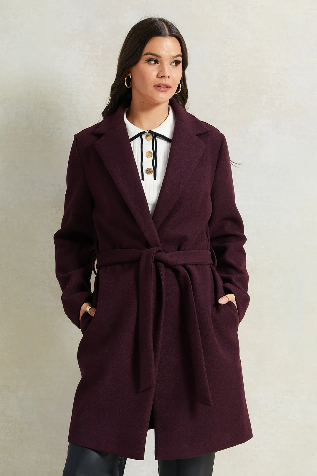 Women Burgundy Long Melton Jacket