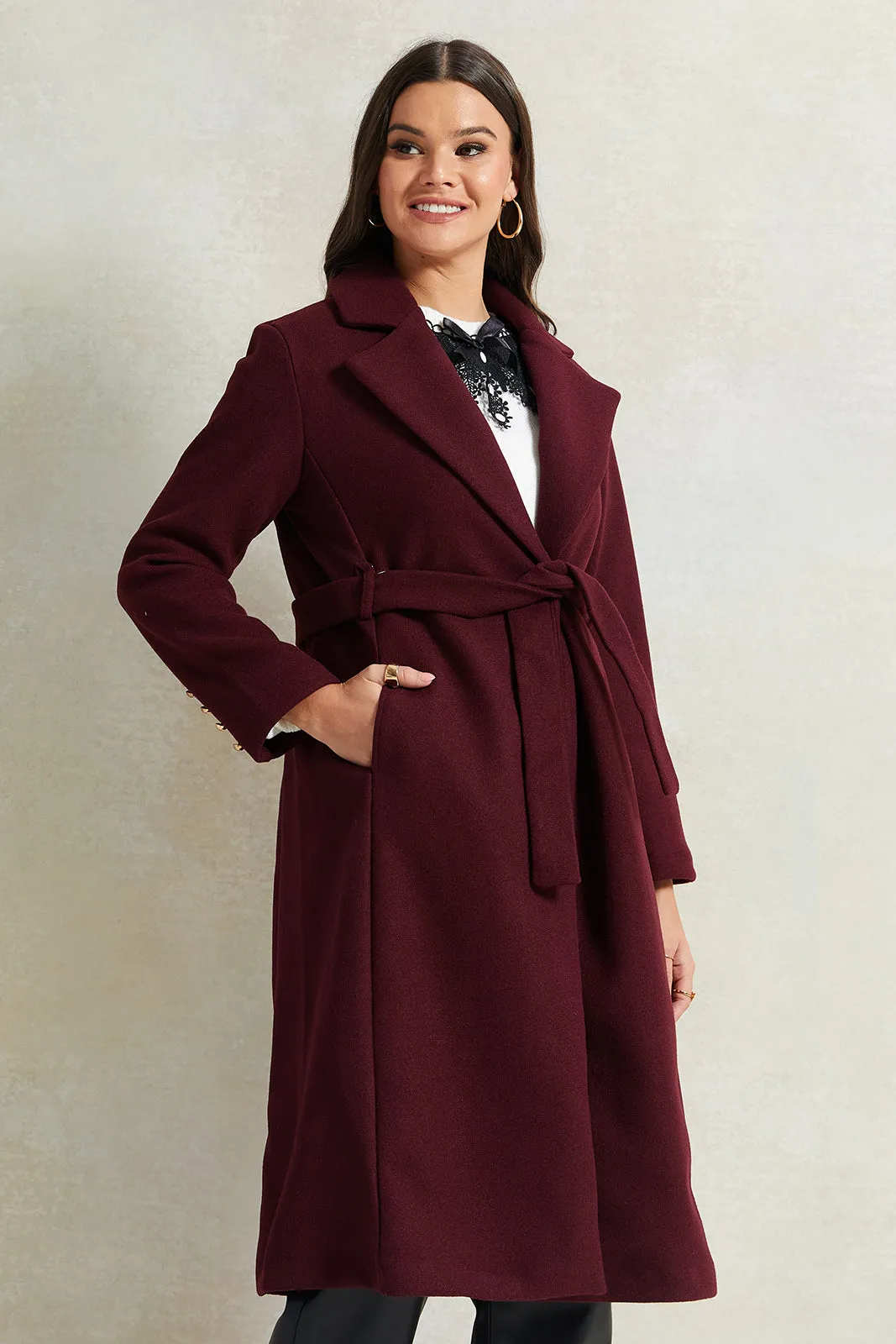 Women Burgundy Long Melton Jacket