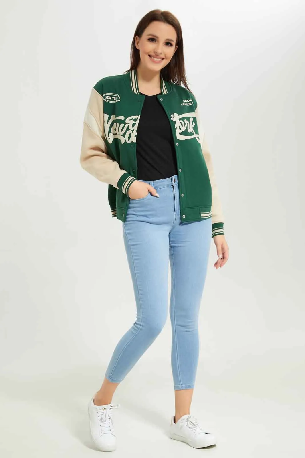 Women Green Base Ball Jacket