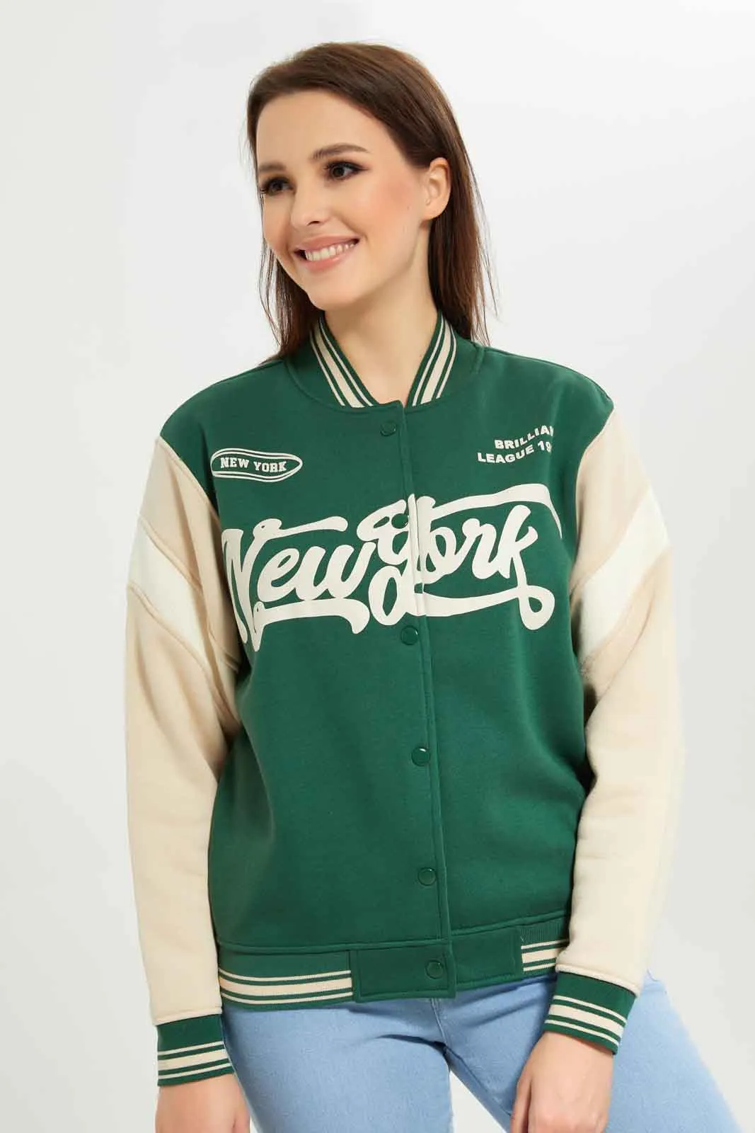 Women Green Base Ball Jacket