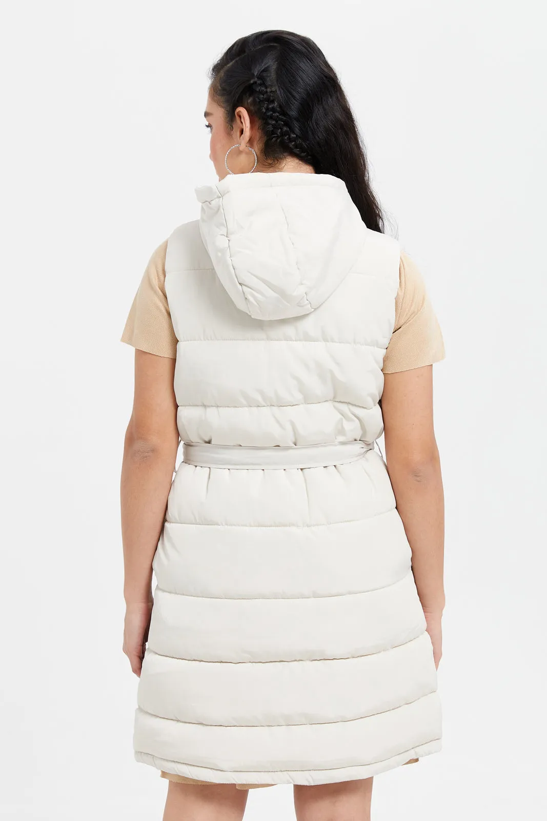 Women Ivory Quilted Longline Waistcoat