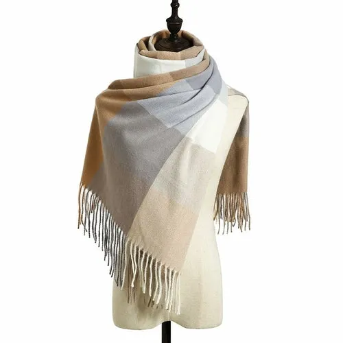 Women's Fall Winter Scarf Classic Tassel Plaid Scarf