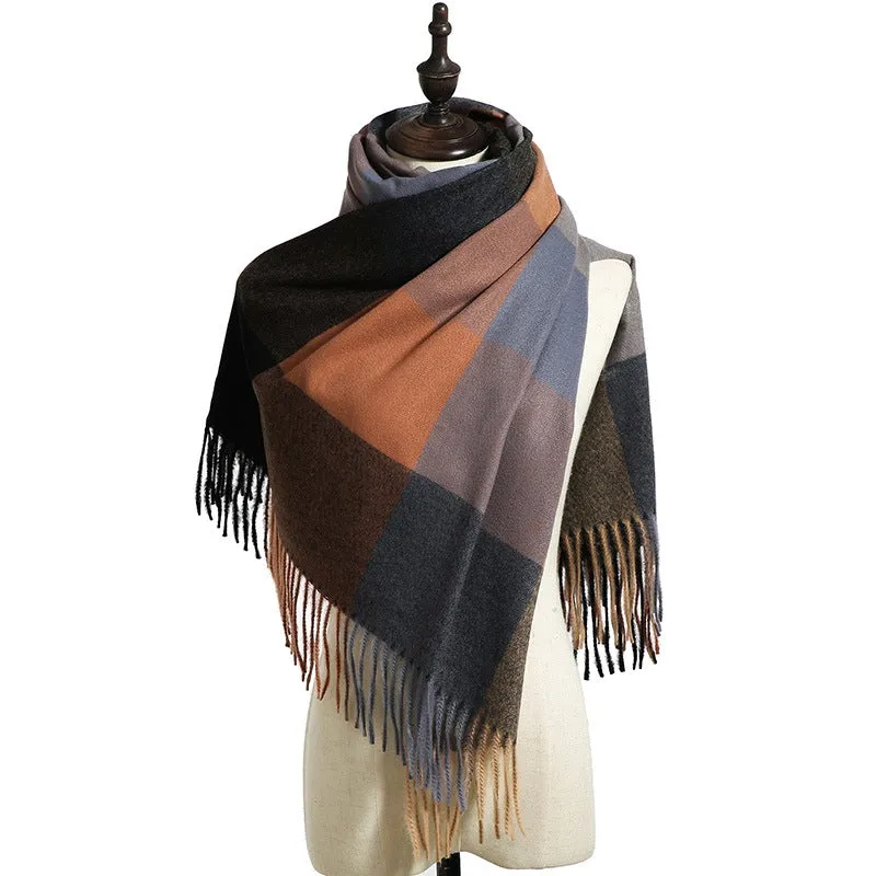 Women's Fall Winter Scarf Classic Tassel Plaid Scarf