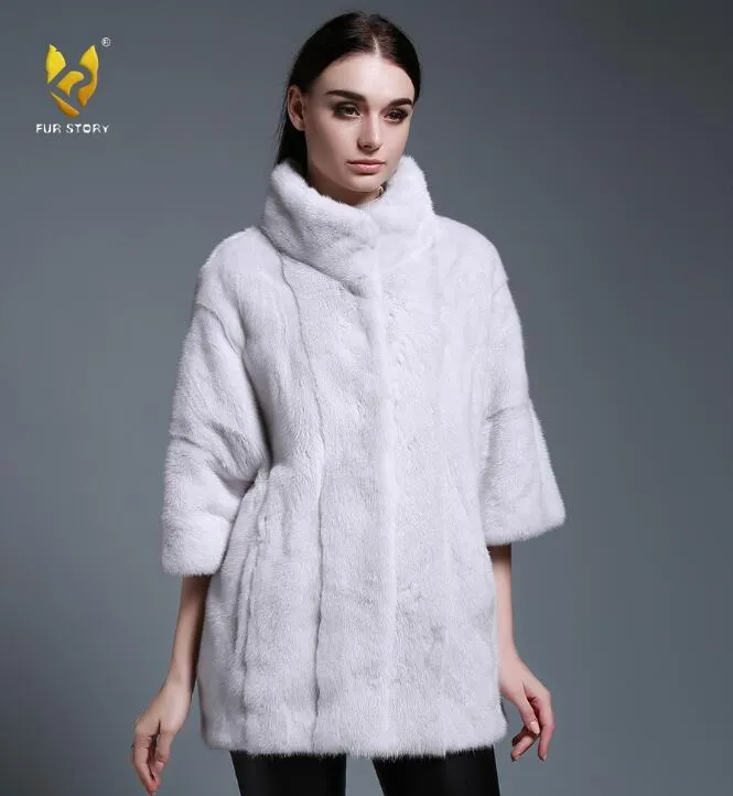 Women's Genuine Mink Fur Coat Women With Stand-up Collar Overcoat Female Fur Story FS16042