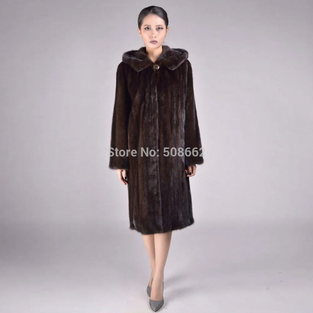 Women's Natural Mink Fur Coat Women Hood Full Winter Coat Women Dress