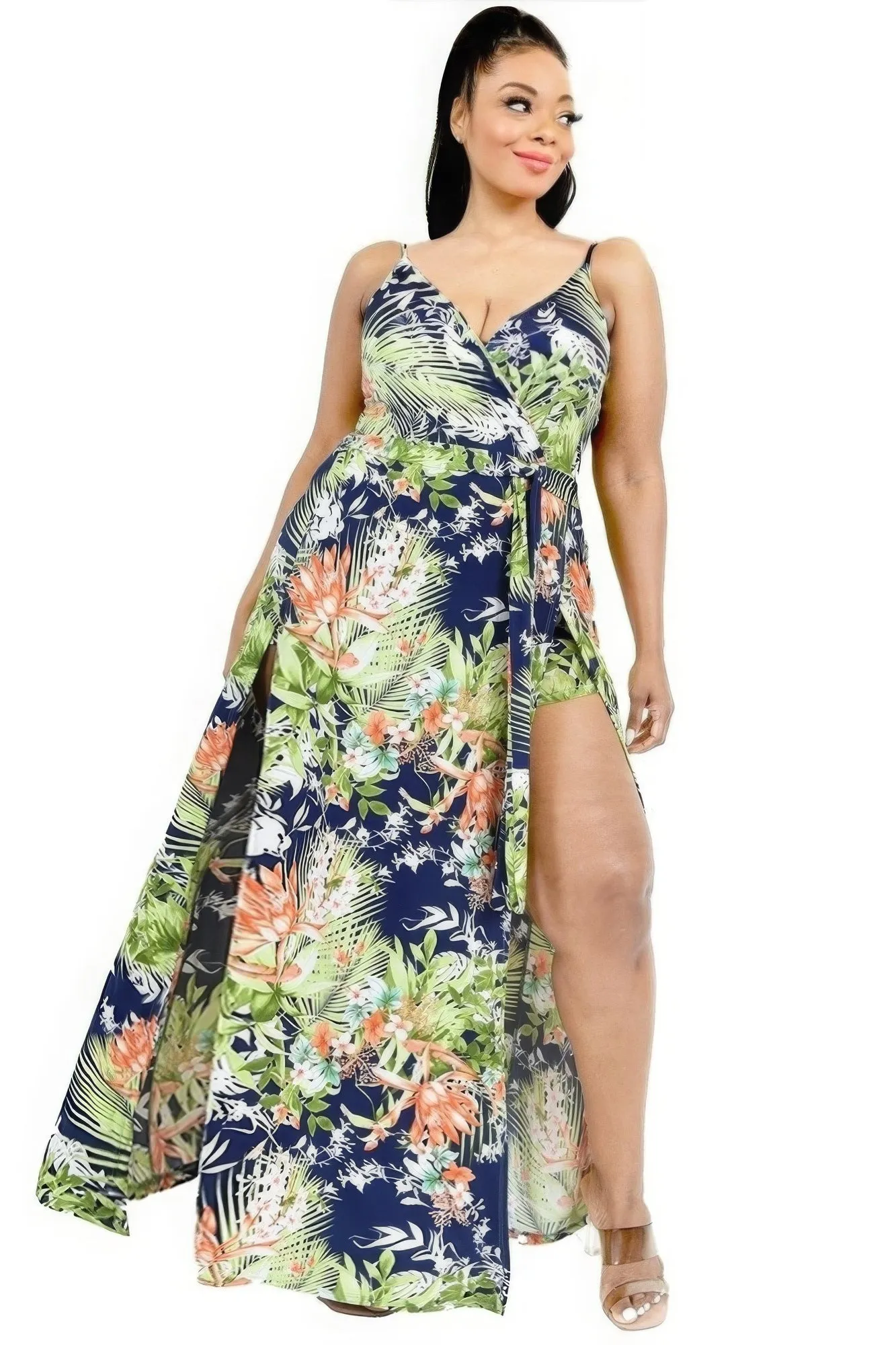 Women's Plus Size Tropical Leaf Print Maxi Summer Dress