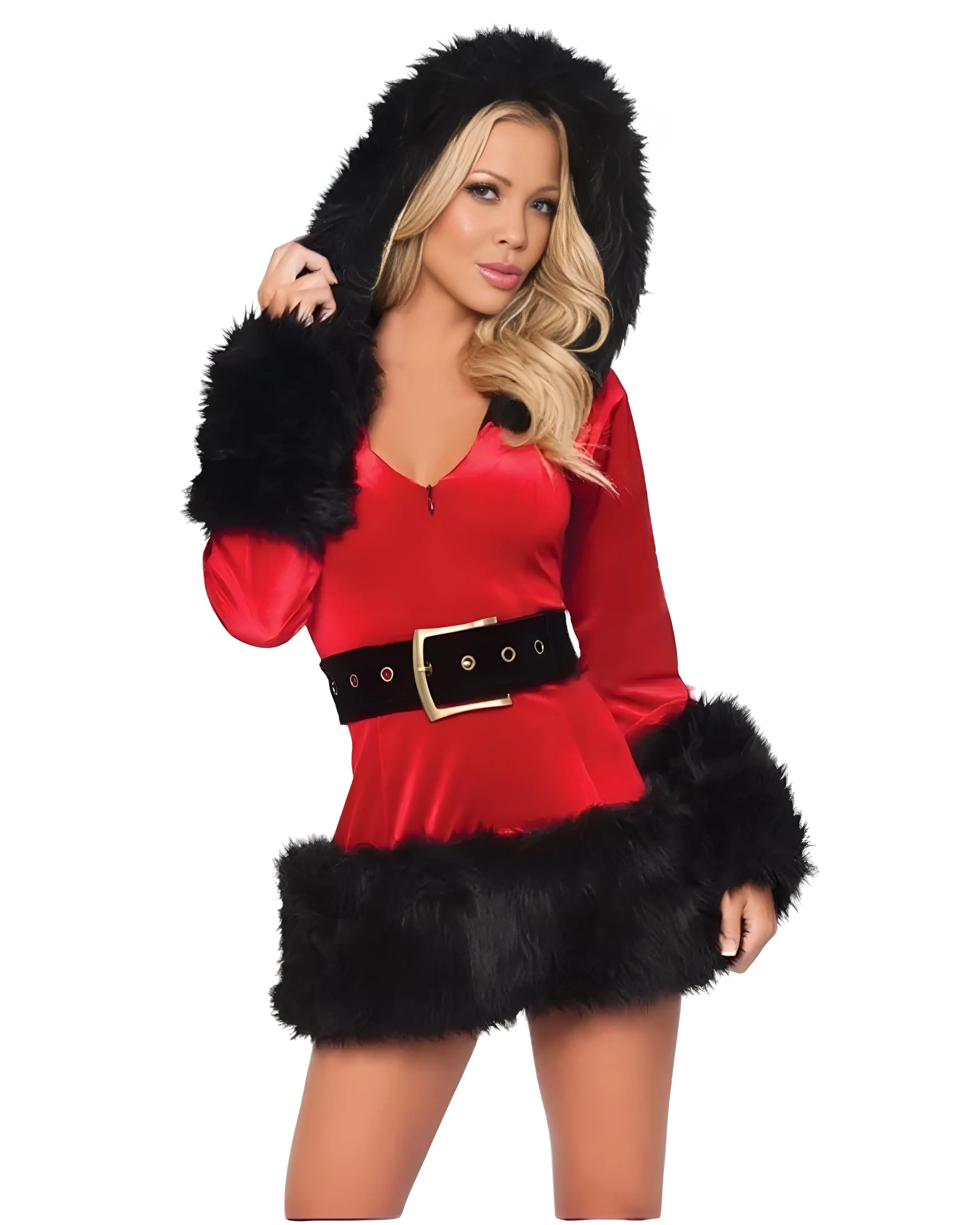 Women's Sexy Santa Costume with Fur Trim and Hood From Costume Glamour