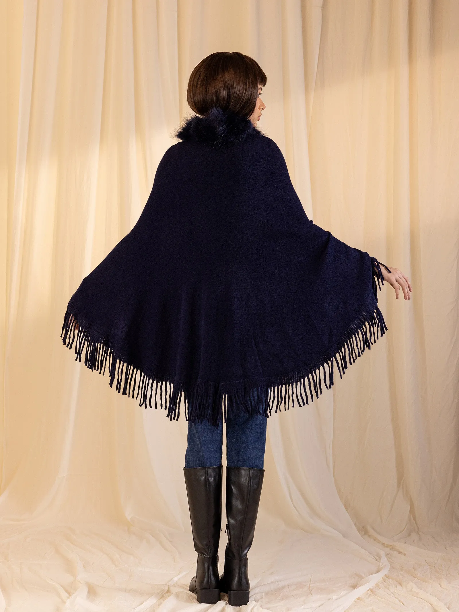 Woolen Fur Cape - Navy