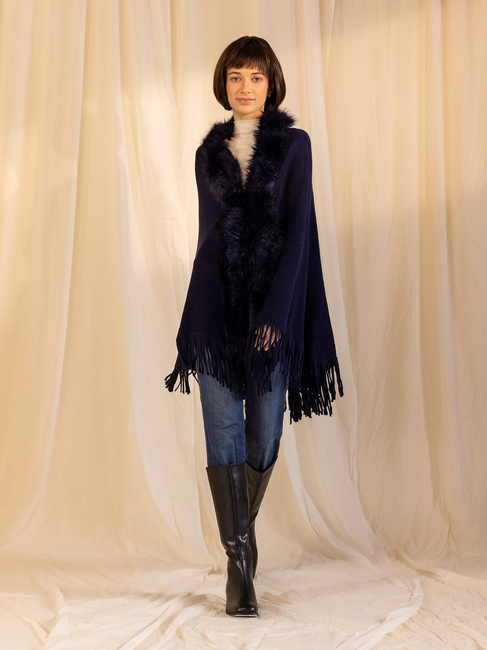 Woolen Fur Cape - Navy