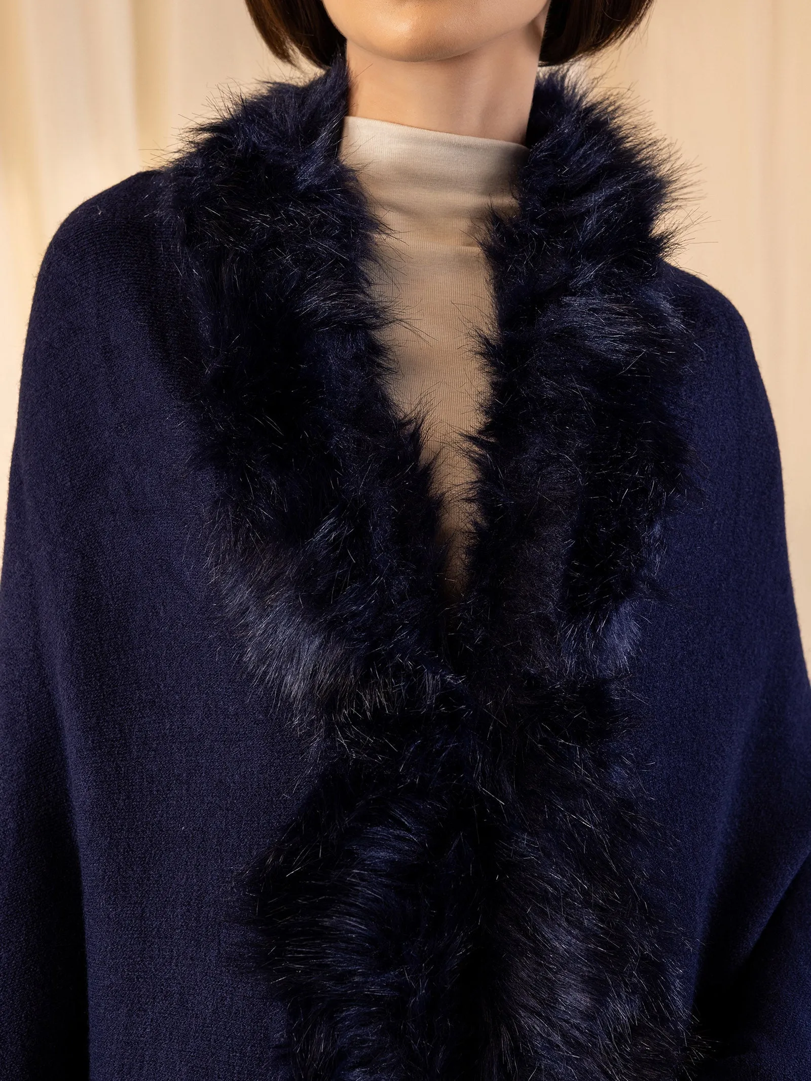 Woolen Fur Cape - Navy