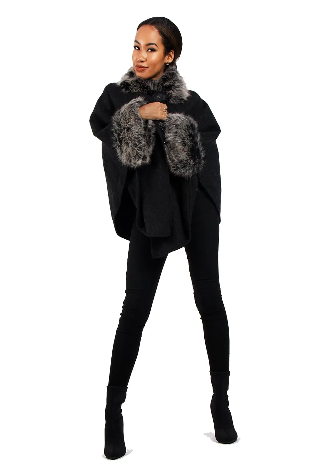 Wooly Faux Fur Collar Knitted Cape Buckle Poncho with Fur Cuffs