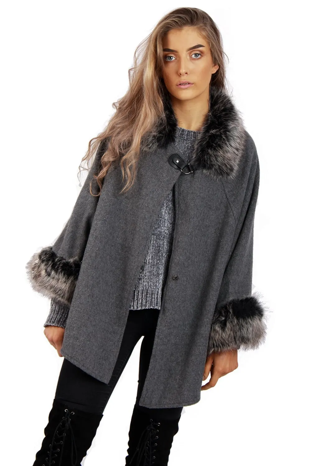 Wooly Faux Fur Collar Knitted Cape Buckle Poncho with Fur Cuffs