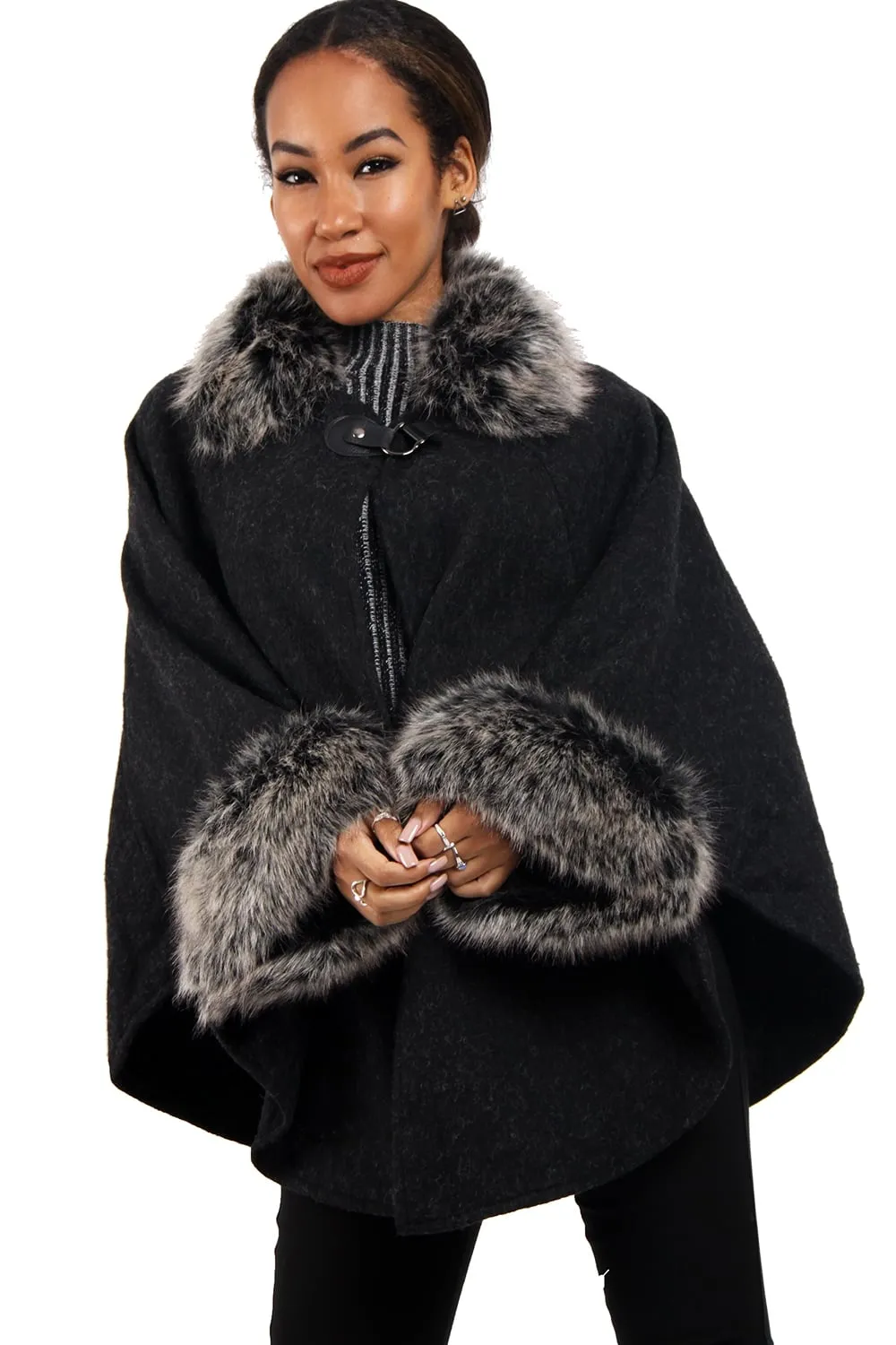 Wooly Faux Fur Collar Knitted Cape Buckle Poncho with Fur Cuffs